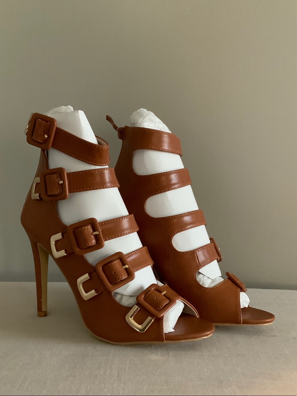 Women's Cognac Multi-Buckle High Heel Sandals